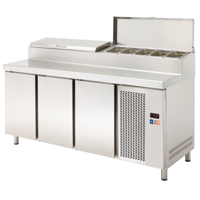Mesa Refrigerada GN1/1 3 Puertas Preparación Encimera Inoxidable y Vitrina ingredientes GN1/3 1800x708x850h mm Línea CORDOBA MRP-180E