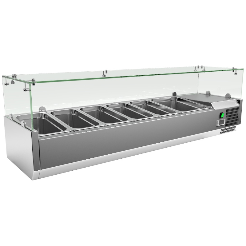 Vitrina 5 cubetas GN1/3 + 1 cubeta GN1/2 con Cúpula de Vídrio de 1500 x380 x440h mm PEKIN VRX1500380FG