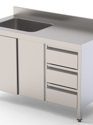 Mesa de Trabajo Acero Inoxidable Mural Con Puertas y Con Cubeta a la Derecha y Cajones 2000x700x850h mm WTW17020RBSDDL