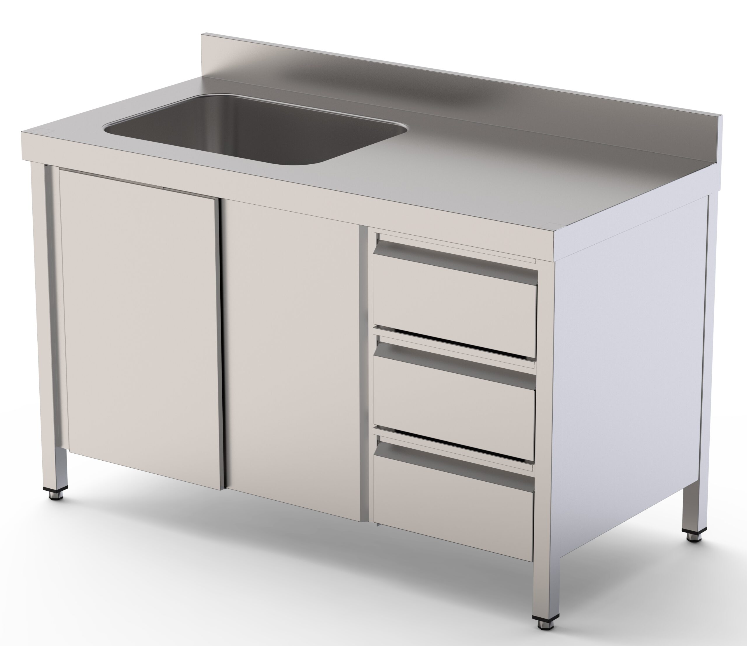 Mesa de Trabajo Acero Inoxidable Mural Con Puertas y Con Cubeta a la Izquierda y Cajones 2400x700x850h mm WTW17024LBSDDR