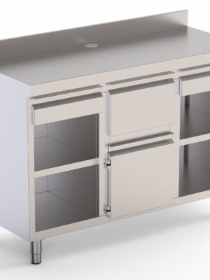 Mueble Cafetero Acero Inoxidable Con Tolva Central, 2 Estante, 1 Puerta y 2 Cajones 2500x600x1050h mm CST60250D2S